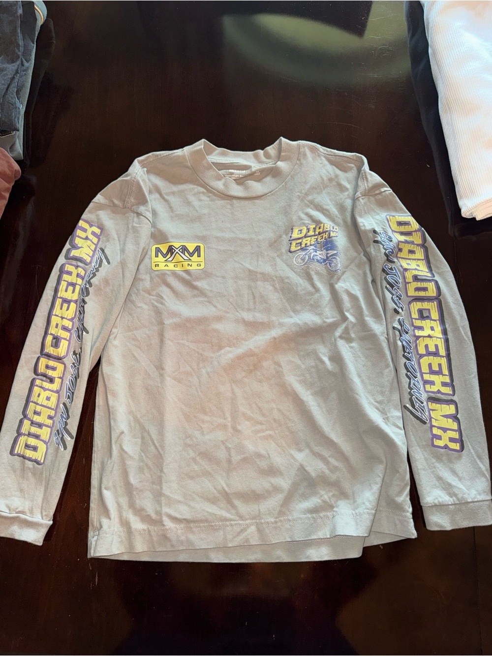 Hollister Gray Long-Sleeve Graphic Racing Tee with Yellow & Purple Accents